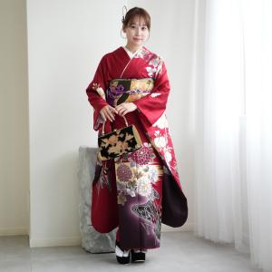 レンタル 振袖 正絹着物+袋帯 21点セット 絵羽 赤と紫のぼかし流水に古典菊 成人式 結婚式 前撮り 20歳 20才 二十歳 二十才 ※2027年1月ご予約空きなし