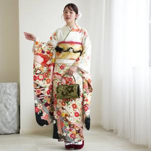 レンタル 振袖 成人式 セット 正絹 白地に流れる古典四季花と熨斗 結婚式 前撮り フォーマル レトロ 古典 白 赤 ※2026年12月〜2027年1月予約空きなし