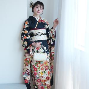 レンタル 振袖 成人式 セット 正絹 ダークネイビーに古典四季花 着物セット 女性 成人式 結婚式 前撮り 結納 ※2026年12月〜2027年1月予約空きなし