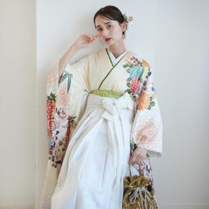 袴 レンタル 卒業式 18点セット クリームに大きな丸菊と藤 正絹振袖 はかま フルセット 豪華 大学生 レディース 女性 袴91cm 足袋プレゼント