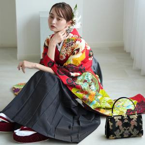 袴 レンタル 卒業式 18点セット 赤地に鶴と菊の華やぎ古典柄 正絹振袖 はかま フルセット 大学生 レディース 女性 袴91cm 足袋プレゼント