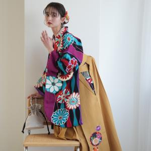 袴 レンタル 卒業式 2尺袖着物 袴 17点セット 九重 レトロ 袴セット 卒業式 菊 赤紫系 渋色マゼンタとターコイズのよろけ菊