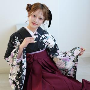 袴 レンタル 卒業式 2尺袖着物 二尺袖 袴 17点セット 袴91cm レトロ 古典 袴セット 大学生 小学生 牡丹 黒系 ピンク