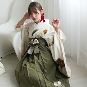 袴 レンタル 卒業式 JAPAN STYLE×中村里砂 袴 17点セット 片身変わり・クリームに菊絵皿 日本製 二尺袖着物 フルセット レディース 重ね衿縫い付済