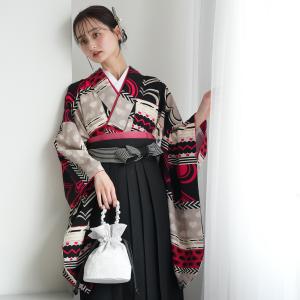 袴 レンタル 卒業式 二尺袖着物 17点セット モダンアンテナ レトロ モダン モード 袴セット 卒業式 ハート 黒系　赤 大学生 小学生