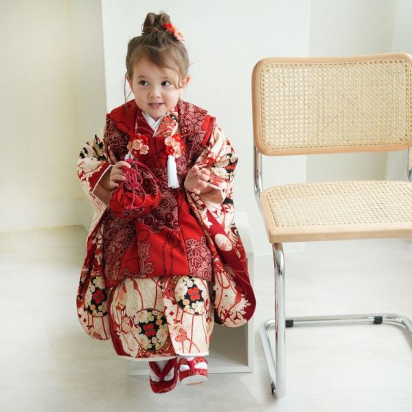レンタル 七五三 3歳 女の子 七五三セット 華徒然 古典柄 レトロ アンティーク系 花 赤系 ブラ...