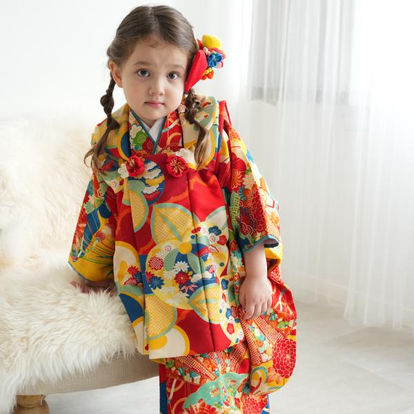 レンタル 七五三 3歳 女の子 LOWRYS FARM ローリーズファーム 雲に橘 赤 青 黄 レト...