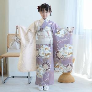 レンタル 七五三 着物 7歳 ひよこ商店 古典柄 レトロ 着物 花 四つ身 半身 クリーム銀彩×アメジストの菊重ね おしゃれ