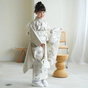 レンタル 七五三 着物 7歳 ひよこ商店 古典柄 レトロ 着物 花 四つ身 半身 アイスグレー銀彩×グレージュ雪輪 おしゃれ