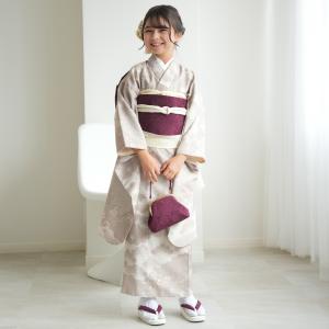レンタル 10歳 振袖セット 女の子 ひよこ商店 ベージュ松文様 ハーフ成人式 ジュニア 着物セット 子供 十歳 十才 女児 着物 1/2成人式 135cm-145cm前後
