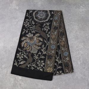 反物 帯 花柄 黒系 袋帯 西陣織 唐花 鳥 シック 大人 上品 フォーマル 未仕立て お仕立て代別