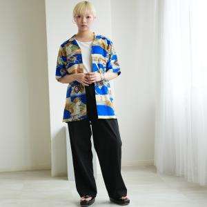 着物リメイク シャツ ブラウス レディース maison utatane No.BL03 蒼を纏う兜鷹 一点物 ウール 日本製 青 11号 Lサイズ相当