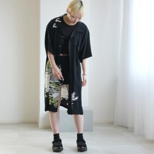 着物リメイク シャツ ブラウス レディース メンズ ユニセックス ロングシャツ maison utatane No.BL05 風を纏う翠 一点物 正絹 日本製 3Lサイズ 黒