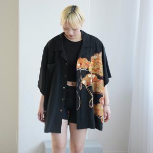 着物リメイク シャツ ブラウス レディース メンズ ユニセックス maison utatane  No.BL07 玄の金松 一点物 正絹 日本製 フリーサイズ 黒