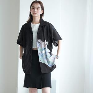 着物リメイク シャツ ブラウス レディース メンズ ユニセックス maison utatane No.BL09 紫苑の舞 一点物 正絹 夏 絽 透け感 日本製 Lサイズ 黒