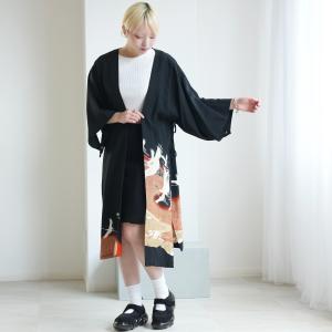 着物リメイク ジャケット はおり maison utatane No.JS14 夕つ陽の渡り 一点物 正絹 日本製 フリーサイズ 黒