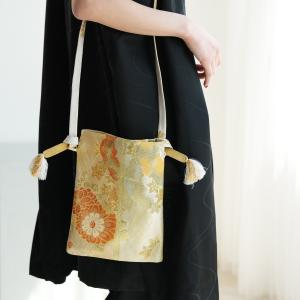 着物リメイク バッグ かばん ショルダーバッグ レディース メンズ maison utatane No.BG11 静寂の菊 帯リメイクショルダーバッグ 一点物 正絹 日本製 ベージュ