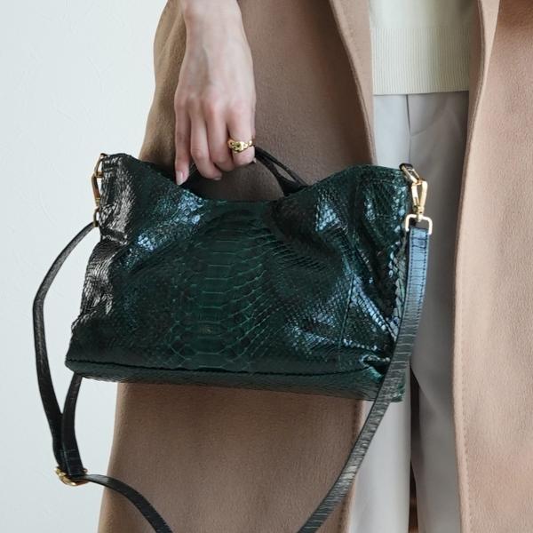 バッグ レディース レザー PYTHON パイソン ウェーブトートバッグ ミニ グリーン 緑 本革 ...