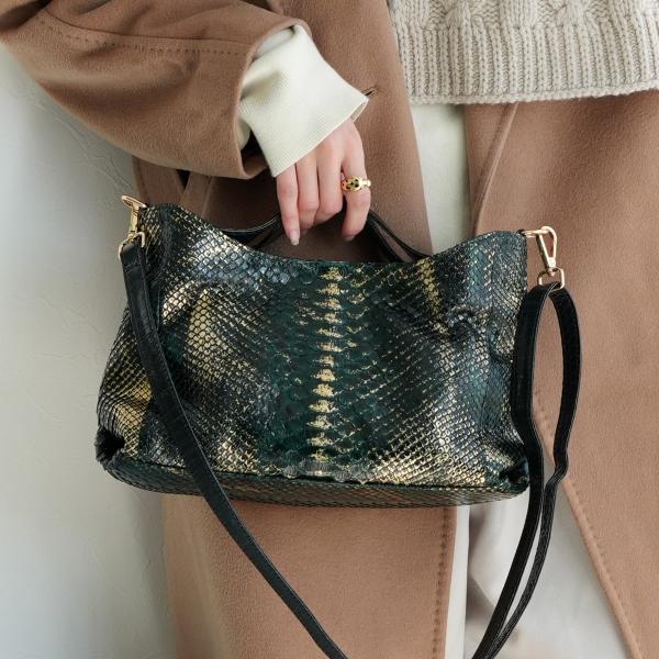 バッグ レディース レザー PYTHON パイソン ウェーブトートバッグ ミニ グリーン×ゴールド ...