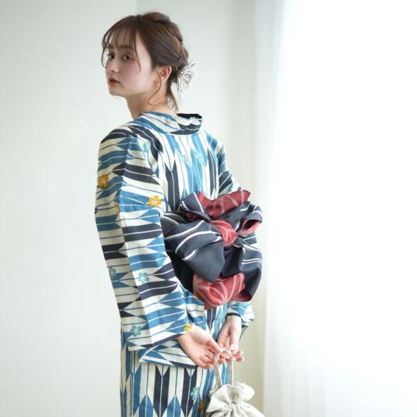 浴衣 セット レディース utatane 浴衣3点セット 浴衣/帯/下駄 古典柄 レトロ 矢絣 青 ...