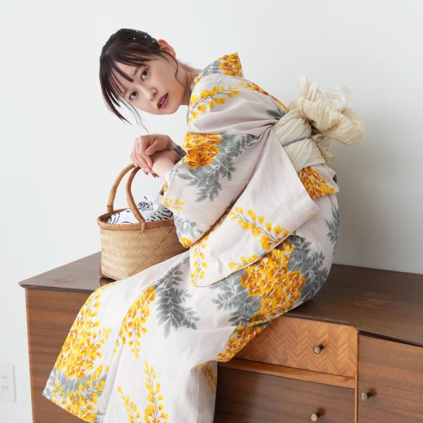 浴衣 レディース セット 3点セット（浴衣 帯 下駄）utatane フリーサイズ 黄色 にじみ 絣...