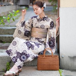 浴衣 レディース セット utatane×注染工房 浴衣3点セット フリーサイズ 特選 注染 手染め にじみ レトロ ゆかた/帯/下駄 先染めベージュに紫ひまわり ●