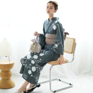 浴衣 レディース セット utatane 浴衣/帯/下駄 フリーサイズ 古典柄 レトロ グレー系 京鹿の子絞り/有松染め 綿麻 鉄御納戸に梅 伝統工芸士・清江和雄 ●