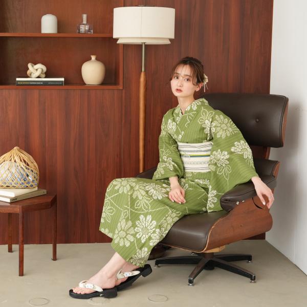 浴衣 レディース セット utatane×注染工房 浴衣3点セット 等間しじら 草色に露芝小菊 注染...