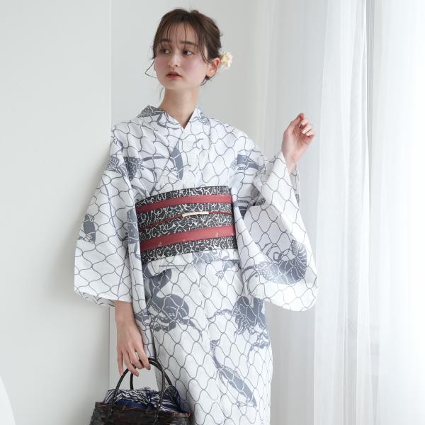 浴衣 レディース セット utatane×注染工房 浴衣3点セット きなりにグレーの網と海老たこ に...
