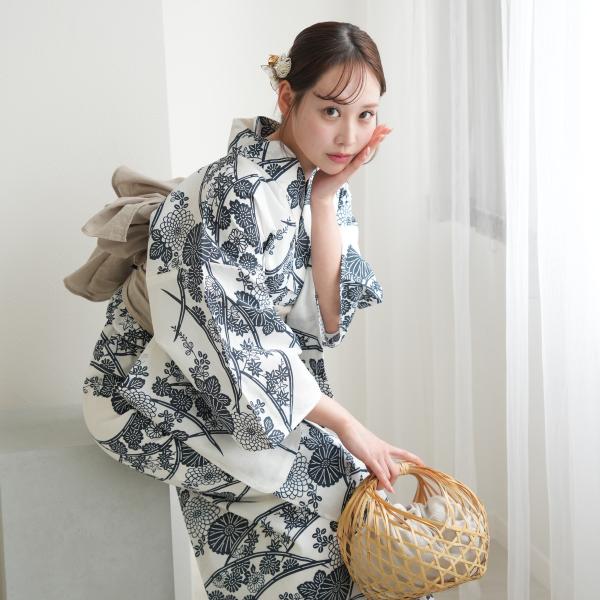 浴衣 レディース セット utatane 高級変わり織 浴衣3点セット 白地に紺の露芝菊 フリーサイ...