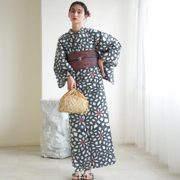 浴衣 レディース セット utatane 高級変わり織 浴衣3点セット 紺の広がる菊 フリーサイズ ...