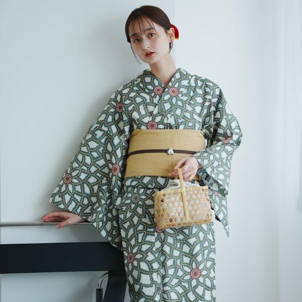浴衣 レディース セット utatane 高級変わり織 浴衣3点セット グリーンの広がる菊　作り帯セ...