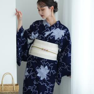 浴衣 レディース セット 有松絞り utatane 浴衣 3点セット 特選 藍色にアイビー フリーサイズ 伝統工芸 本染め 綿100％ 浴衣・帯・下駄付き 半幅帯 紺 ●