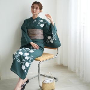 浴衣 レディース セット utatane 京鹿の子絞り/有松染め 浴衣3点セット びろうどグリーンに梅 特選シリーズ フリーサイズ 浴衣セット（ゆかた・帯・下駄） ●