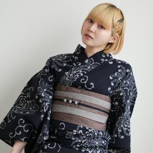 浴衣 レディース セット utatane×注染工房 浴衣3点セット 赤坂紬 黒地に古典乱菊 注染 手染め にじみ フリーサイズ 浴衣セット（ゆかた・帯・下駄）日本製 ●