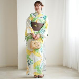 浴衣 レディース セット utatane×注染工房 浴衣3点セット 等間しじら レモンライムの横見桜 手染め にじみ フリーサイズ 浴衣セット（ゆかた・帯・下駄） ●