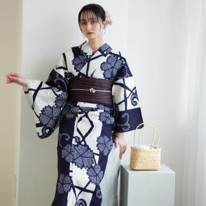 浴衣 レディース セット utatane×注染工房 浴衣3点セット 等間しじら 紺のかごめなでしこ染め分け にじみ フリーサイズ 浴衣セット（ゆかた・帯・下駄） ●