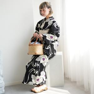 浴衣 レディース セット utatane×注染工房 浴衣3点セット赤坂紬 黒地に牡丹 注染 手染め にじみ フリーサイズ 浴衣セット（ゆかた・帯・下駄）日本製 ●