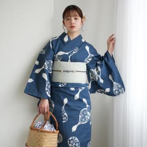 浴衣 レディース セット utatane×注染工房 浴衣3点セット 赤坂紬 青藍にきなりの小菊瓢箪 注染 手染め にじみ フリーサイズ 浴衣セット ゆかた・帯・下駄 ●