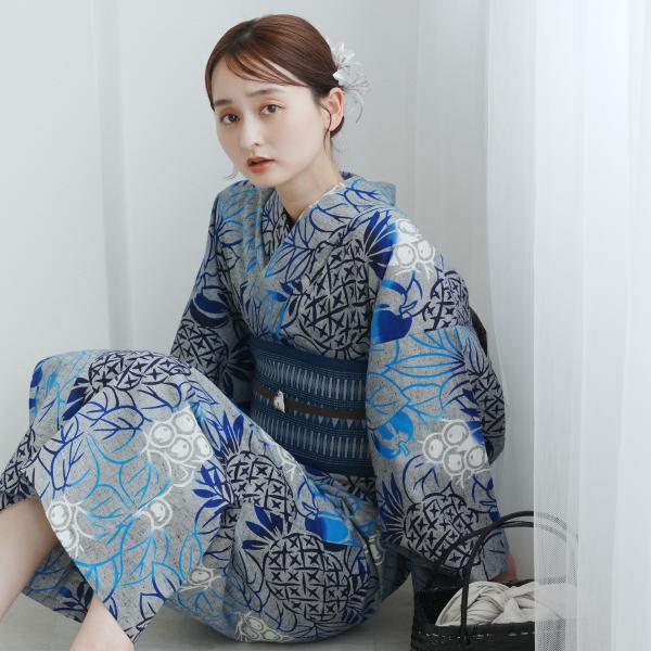 浴衣 レディース セット utatane×注染工房 浴衣3点セット 赤坂紬 上品グレーに南国果物 注...
