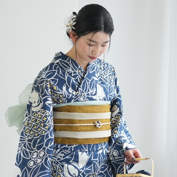 浴衣 レディース セット utatane×注染工房 浴衣3点セット 赤坂紬 青藍に南国果物 特選 注...