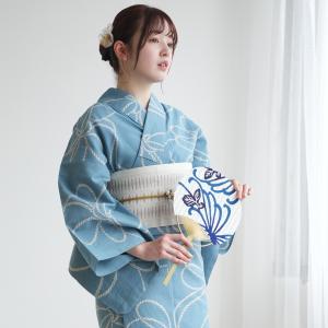浴衣 レディース セット utatane×注染工房 浴衣3点セット 先染めベージュ 水色の綱結び 注染 にじみ フリーサイズ 浴衣セット（ゆかた・帯・下駄） 日本製 ●