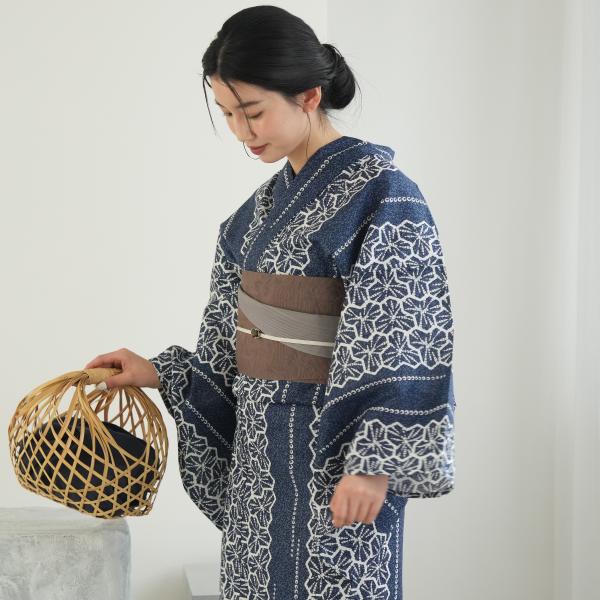 浴衣 レディース セット utatane 高級変わり織 浴衣3点セット 紺色の絞り柄 フリーサイズ ...