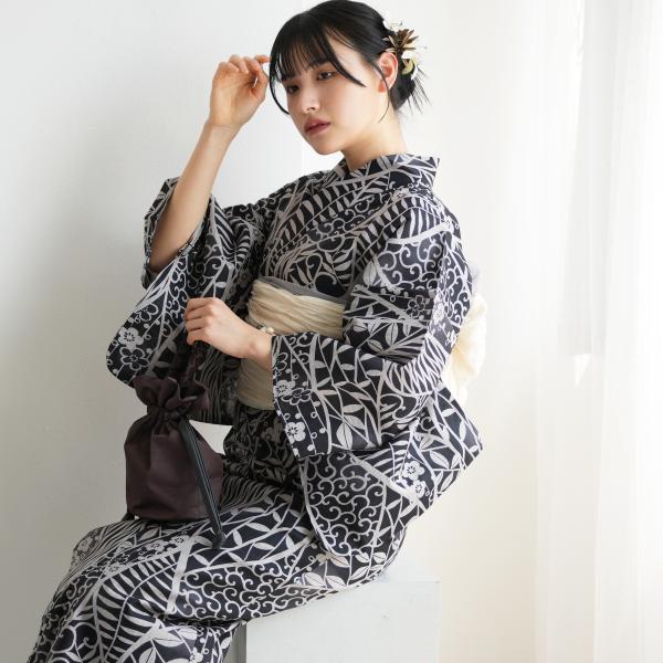 浴衣 レディース セット ニコアンティーク 高級変わり織 浴衣3点セット 墨色によろけ草 フリーサイ...