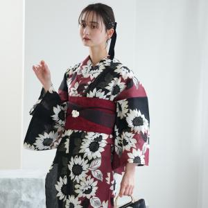 浴衣 レディース セット ニコアンティーク 高級変わり織 浴衣3点セット 黒とえんじの染分けひまわり フリーサイズ ゆかた/帯/下駄 レトロ 黒 赤 ●