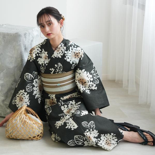 浴衣 レディース セット utatane 高級変わり織 浴衣3点セット 苔色の紫陽花 フリーサイズ ...