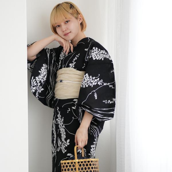 浴衣 レディース セット utatane 高級変わり織 浴衣3点セット 黒地に白のしだれ藤と縞絞り柄...
