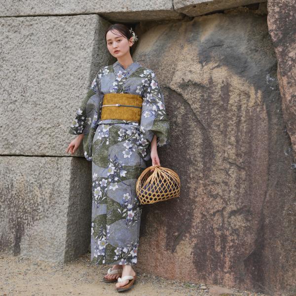 浴衣 レディース セット utatane 高級変わり織 浴衣3点セット 深緑と薄青の砂よろけに桔梗 ...