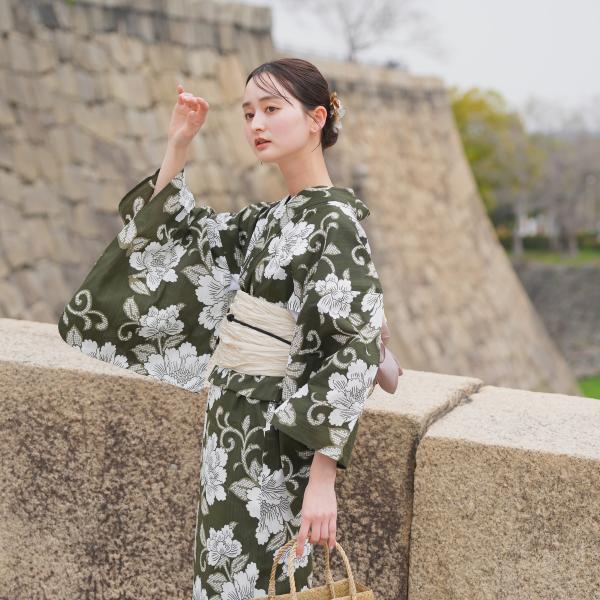 浴衣 レディース セット utatane 高級変わり織 浴衣3点セット 抹茶グリーンに牡丹唐草 フリ...
