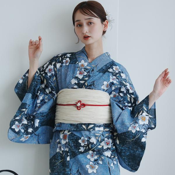 浴衣 レディース セット utatane 高級変わり織 浴衣3点セット 鈍青と緑の砂よろけに桔梗 フ...